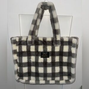 Women's HTF Gingham Check Gray MINKY COUTURE DESIGNER Tote Bag FAUX FUR 16"